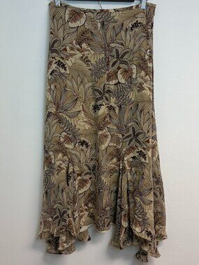 Vintage Kate Hill Maxi Skirt 100% Silk Size 8 Brown Floral Botanical Aline Fairy